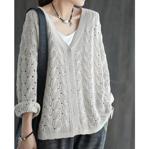 NINI WONDERLAND 2021 Spring V-neck Hollow Out Knit Sweater Women Long-sleeve Casual Cardigan Coat Autumn Vintage Loose Sweaters