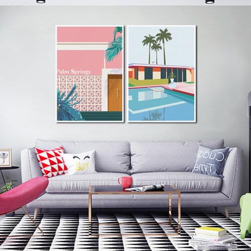 Swimming Pool Landscape Poster Door Palm Plants Canvas Painting for Living Room Nordic Home Wall Art Decor Pictures Frameless