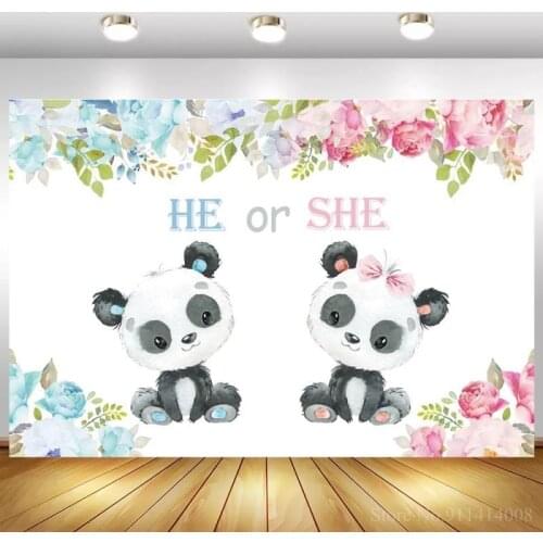 Cartoon Panda Floral Baby Shower Backdrop For Photography Boy or Girl Gender Reveal Party Background Dinner Table Decor