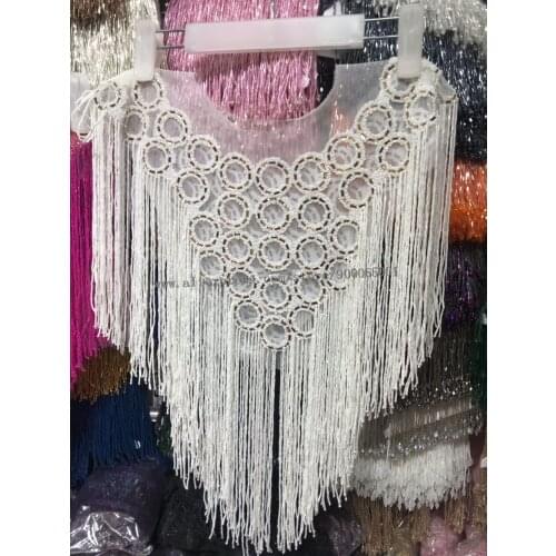 Silver Waterfall dangling bodice applique Seed beaded fringe necklace rhinestone Applique Fringe tassel Bodice collar applique