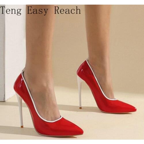 Sexy Red White Patent Leather Spring High Heels Women Pointed Toe Pumps Fashion Slip on Thin High Heel Summer Dress Shoes Woman
