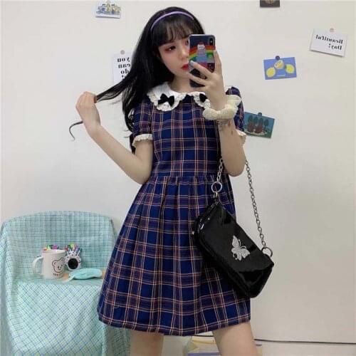 Japanese Summer College Lolita Style Sweet Lace Splice Peter Pan Collar Short Sleeve Dress Vintage Mori Girl Cute Bow Doll Dress