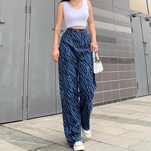 90s Vintage High Waist Denim Pants Loose Fashion Cargo Straight Trousers Hip Hop Wear Zebra Stripes Print Womens Jeans