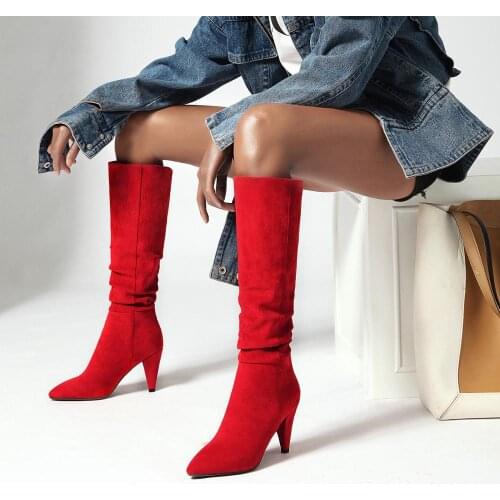 2020 Winter Knee High Boots Women Pleated Spike Heels Long Boots Pointed Toe Super High Heel Shoes Ladies Fall Red Size 34-43