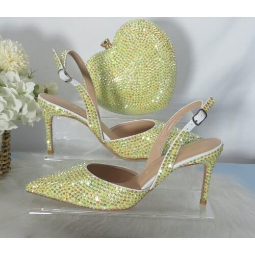 2021 New Arrival Heart Yellow Bling Pointed Toe Wedding Shoes and bag Woman High Pumps Thin Heel Party Dress Shoes Slingbacks