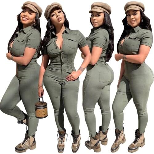 Echoine Women Sexy Bodycon Jumpsuit Button pocket Overalls Rompers 2021 Short Sleeve Skinny Summer Streetwear bodysuit