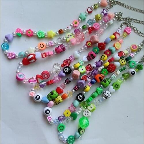 2021 Harajuku Fruit Smiley Beaded Necklace for Women Colorful Pearl Choker INS Trendy Clay Bohemia Accessories aesthetic jewelry