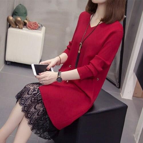 Korean Fashion V Collar Knitted Dress Red Black Autumn Winter Dresses Lace Stitching L-4XL Female Sweater Dress 2021 New e512