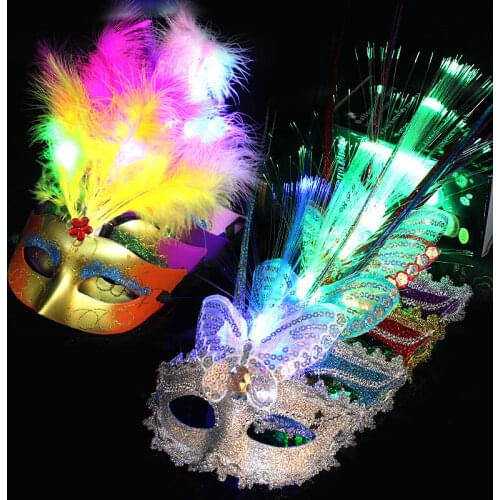 12pcs Girls colorful Masquerade Party Fiber Mask with LED Feather Decoration Butterfly Venetian Mask for Fancy Dress Party