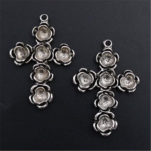 2pcs Large Silver Color Rose Flower Cross Metal Necklace and Earrings Pendant DIY Charm Christian Jewelry Crafts Making 53*35mm