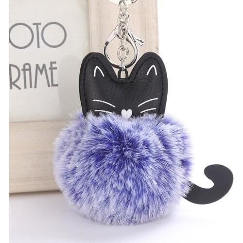 Rabbit Fur Ball Cat Key Chains Cartoon Pompom Keychain Women Bag Pendant Leather Plush Car Keyring Holder Jewelry Trinket