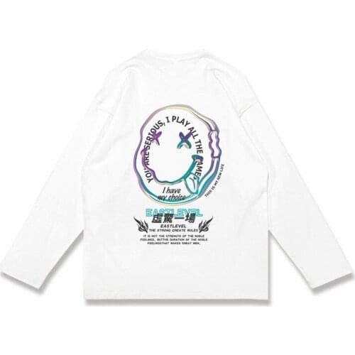 American Style Cartoon Printed Long-sleeved T-shirt Mens Loose Oversized Cotton Grimace Printing Casual Hip-hop Couple Outfit