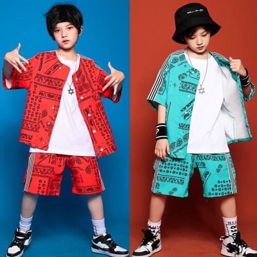Girls Jazz Dance Costume Boys Printing Shirt Shorts Kids Performance Modern Dancing Clothes Girl Clothing Stage Outfits XS2335