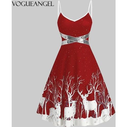 Fashion Sequined Reindeer Print Flared Cami Women Retro Dress Plus Size S~3XL Summer Vintage Dress Sleeveless Party Vestidos