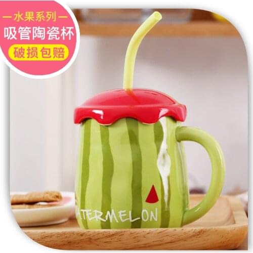 New Personality Fruit Ceramic cup straw student Creativity Mark with lid couple breakfast drinks gifts