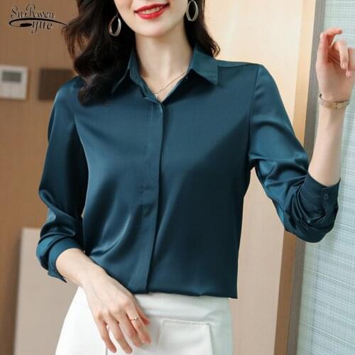 New Spring Silk Shirt Office Lady Plus Size Solid Tops Casual Blouse Full Sleeve Turn-down Collar Satin Loose Women Sihrts 12793