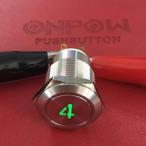 ONPOW 19mm IP65 1NO1NC Number Four Symbol illuminated Stainless Steel Push Button Switch (LAS1GQ-11D/G/12V/S/2) CE, RoHS
