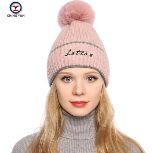 CHINGYUN Autumn Winter New Woolen Hat For Women Fashion Letter Big Hair Ball Plus Velvet Double Thick Winter Warm Knitted Hats