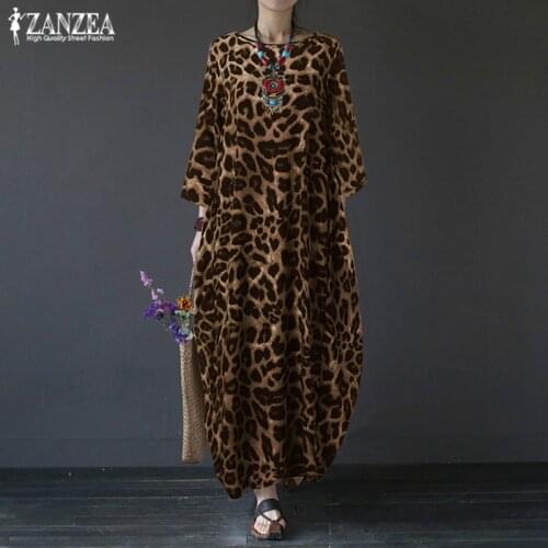 Stylish Leopard Summer Dress 2021 Womens Printed Sundress ZANZEA Casual 3/4 Sleeve Maxi Vestidos Female O Neck Robe