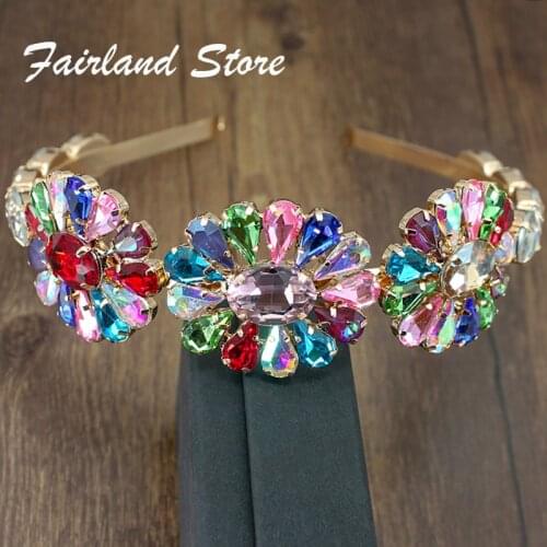 Fairland Luxury Water Drop Rhinestones Wild Flower Headband Baroque Fashion Personality Multicolor Transparent Crystal Hair Band