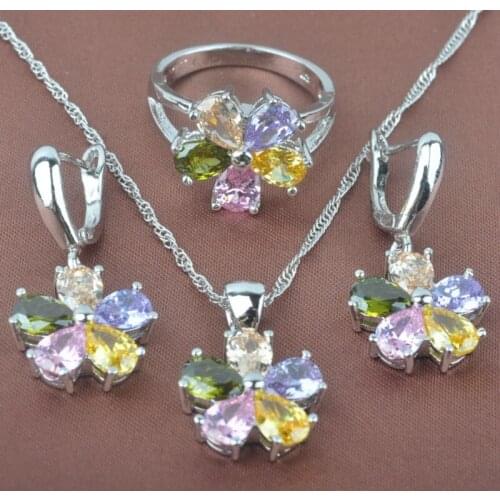 Multicolor Cubic Zirconia Flower Design Womens Silver Color Jewelry Sets Necklace Pendant Earrings Ring Free Shipping TZ0252