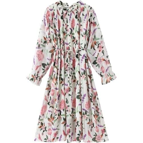 Sexy Chiffon Dress Floral Print Long Sleeve Loose Midi Dresses For Women 2021 Summer Round Neck Elegant Sundress Female CX1636