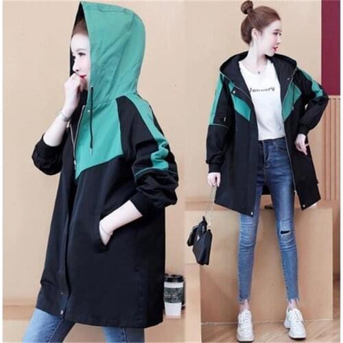 Spring Autumn Womens Trench Coat New Color Matching Loose Plus Size Hooded Overcoat Long Sleeve Windbreaker Female Basic Coats