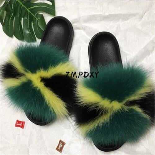 Womens Winter Warm Plush Shoes Kids/Childrens Real Fox Fur Slides Fluffy Raccoon Fur Slippers Furry Sandals Ladies Flip Flops