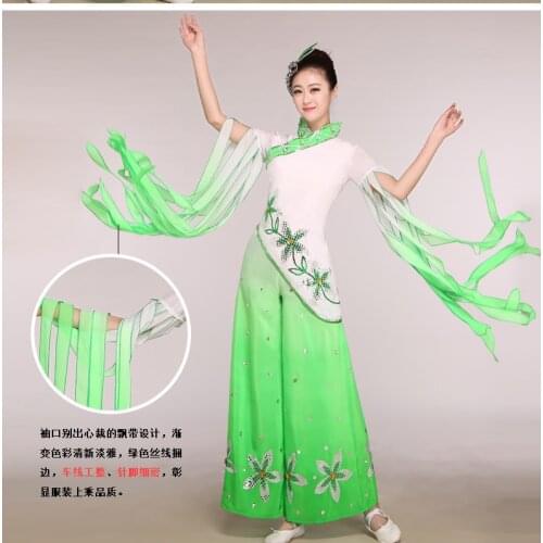 Green Gradient Color Goshibo Dance Costume Classical Folk Dance Modern Dance Fan and Umbrella Dance Costume + Hair Piece