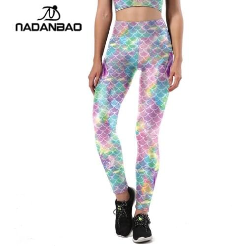NADANBAO New Summer Colorful Mermaid Women Leggings Fish Scales Printing Sporting Fitness High Waist Elastic Pants Trousers