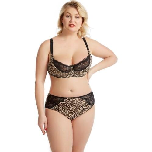 Women Plus Size Leopard Print Bra and Panty Sets Underwire Middle Waist Briefs Bralette Lingerie Lace Patchwork Underwear Bragas
