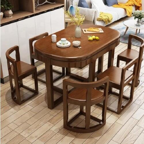 1.3m Modern simple type deep walnut color dining table and chair combination with 6 chairs and solid wood table top