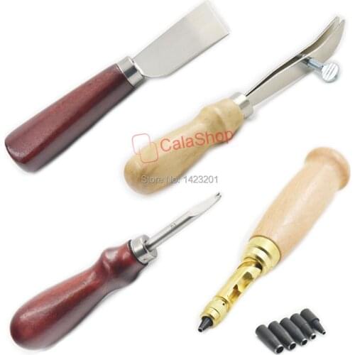 1 sets / Lot 4 Pcs Tools Skiving Knife Kit Beveler Edge Adjustable Leather Craft Sewing Hole Punch