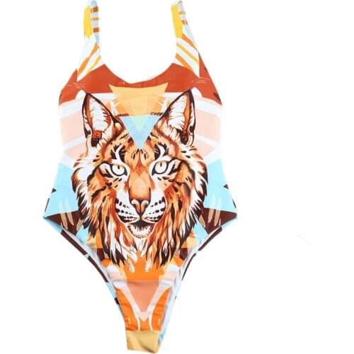 40GC Women Sexy One-Piece Bikini Leopard Tiger Animal Print U-Neck Monokini Low Cut Open Back Swimsuit High Cut Bathing Suit