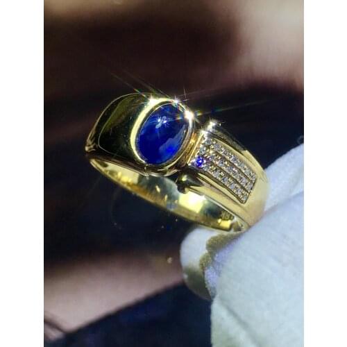 820 Fine Jewelry Pure 18K Yellow Gold Natural Unheat Blue Sapphire Gemstone 1.1ct Diamonds Fine Mens Rings for Male Gifts