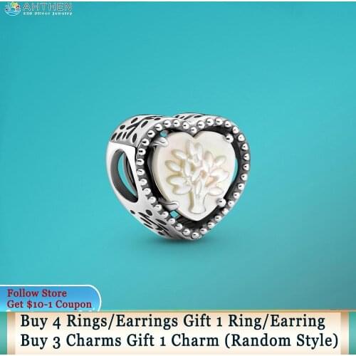 Ahthen 925 Sterling Silver Openwork Heart & Family Tree Charm fit Original Pandora Bracelets Women Jewelry Making Girl Jewelry