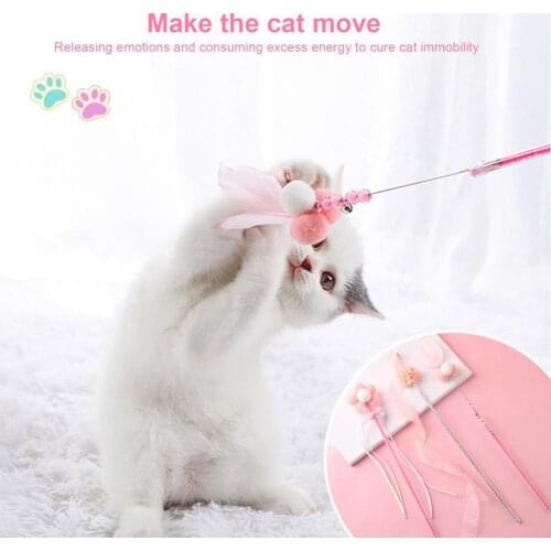 Harmless 3Pcs Interesting Kitten Pompom Stick with Bell Acrylic Cats Wand Toy Eye-catching for Kitty