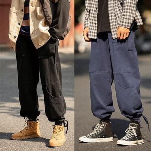 Pants men Fashion Men Soft Waist Ankle Tie Drawstring Loose Multi-Pocket Pants Trousers
