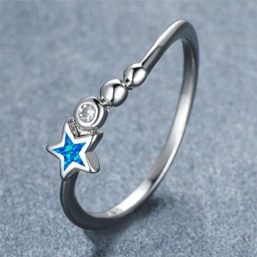 Cute Round Crystal Engagement Ring Dainty Female Blue White Star Opal Stone Ring Charm Silver Color Thin Wedding Rings For Women