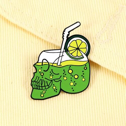 Creative Drink Skull Cup Brooches Cartoon Lemon Green Juice Sparkling Water Enamel Pins Holiday Beach Punk Jewelry Lapel Badges