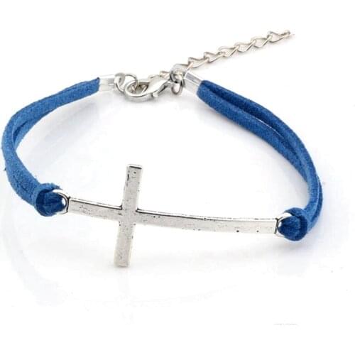 Hot ! 20 pcs New men and women fashions Navy Blue Velvet with Alloy Cross Charm Adjustable String Bracelet 17cm