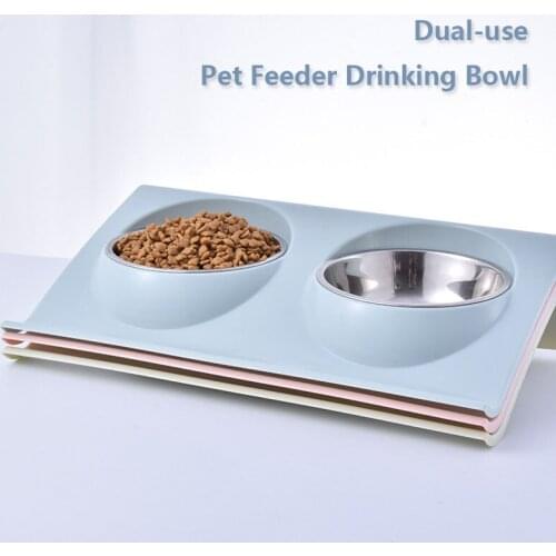 Dual-use Dog Feeder Drinking Bowls Z-type Splash proof Double Bowl PP Stainless steel Material Feeder Bowl for Dog Cat