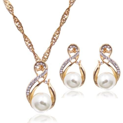 Fashion Vintage Simulated-pearl Pendant For Women Girls Crystal Gold Silver Color Chain Necklace Drop Earrings Set Accessories