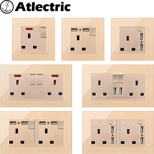 Power Socket 13A With USB Charging Ports Wall Electrical Outlet Double Socket Gold Glass Frame UK HK Maldives Ireland Malta