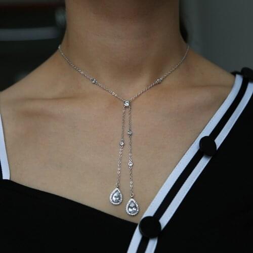 Water drop crystal pendant necklace long chain AAA+ CUBIC ZIRCONIA luxury women wedding bride jewelry water drop cz chain