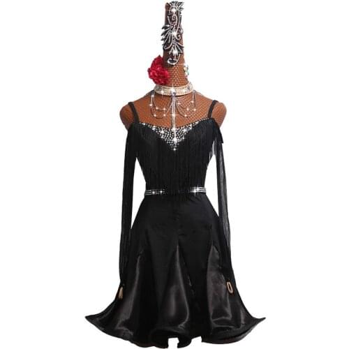 Latin Dance Competition Dress Performing Dress Latin Dance Skirt Female Black boat neck Long Sleeve Pleated Skirt #MD014