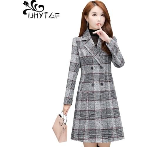 UHYTGF Quality Woolen jacket female fashion plaid Double-breasted autumn winter wool coat women casual 4XL plus size jackets 673