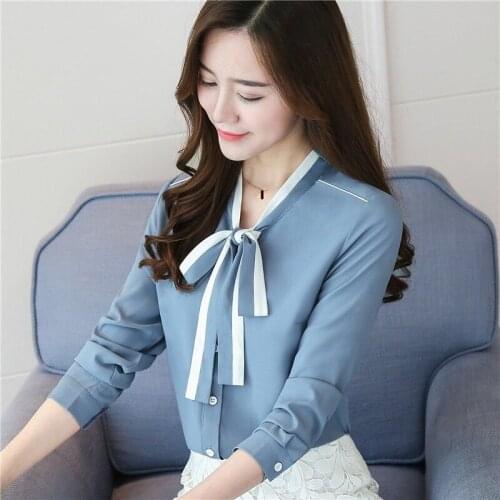 Spring Autumn Office Lady Women Blue Patchwork Long Sleeve Bow Chiffon Tops and Blouses , Female Womens 3xl Blouses Top Shirt