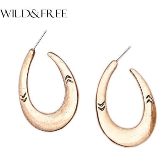 WILD & FREE Women Vintage U Shape Dangle Earrings Antique Gold Ethnic Carving Simple Indian Drop Earrings Jewelry