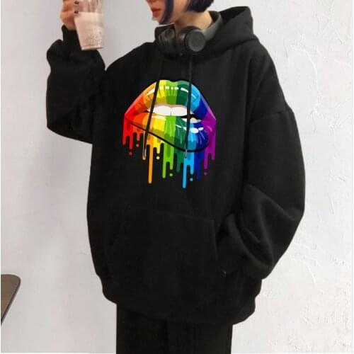 Hoodie And Fleece Womens Loose Korean New Fashion Colored Lips Printed Sweatshirt Casual Coat 2021 New Casual Tops